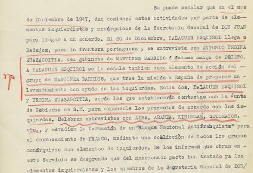 Franco subraya y comenta «ojo» al margen ante la noticia del encuentro de monárquicos e izquierdistas